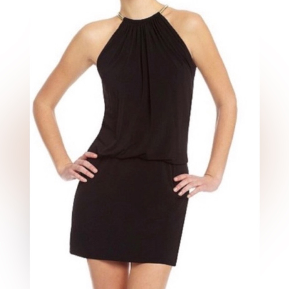 Jessica Simpson cocktail dress with gold necklace